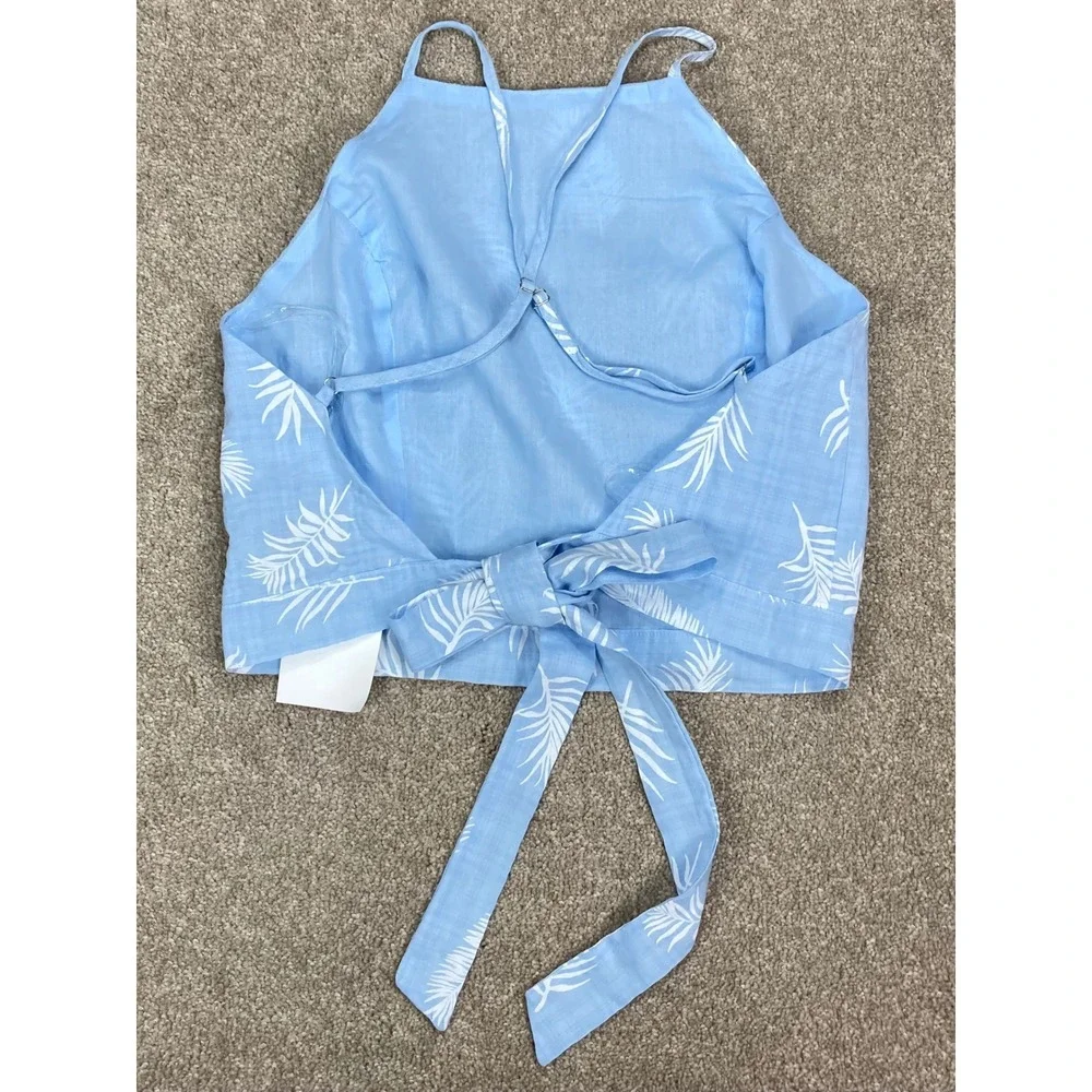 Hyfve Palm Leaf Print Tie Back Halter Crop Top Women L Pastel Blue Vacation Boho